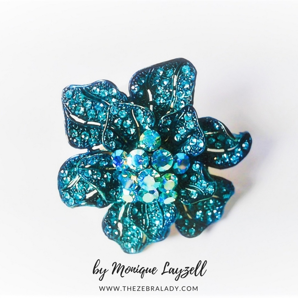 Teal Turquoise Crystal Flower Brooch